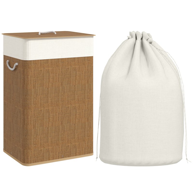 HOMCOM Bamboo Laundry Basket with Lid, 72L Laundry Hamper with Rope Handles, Washing Basket with Removable Washable Liner Bag for Bathroom, Bedroom, Brown