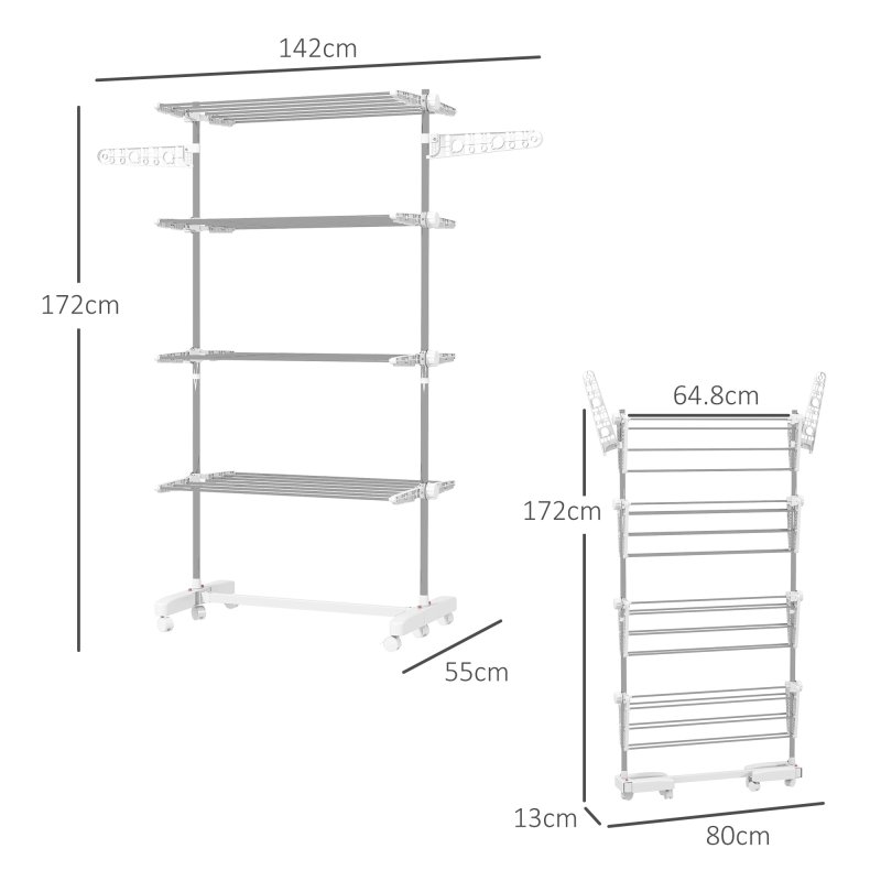 HOMCOM 4-Tier Clothes Airer, Stainless Steel Foldable Clothes Drying Rack with Wheels and Wings, Indoor and Outdoor, Easy Assembly, 142 x 55 x 172cm