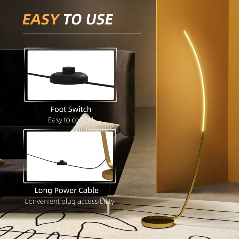 HOMCOM LED Floor Lamp with 3 Adjustable Brightness, Modern Dimmable Standing Lamp with Foot Switch for Bedroom, Living Room, Gold Tone