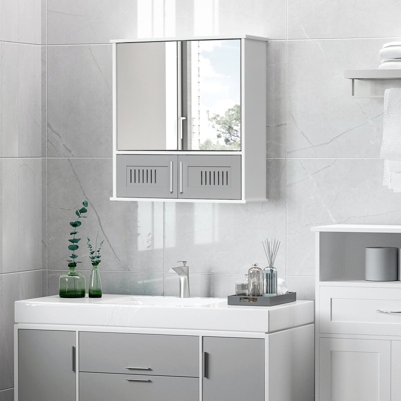 kleankin Bathroom Mirror Cabinet, Wall Mounted Storage Cupboard with Double Doors and Adjustable Shelf, Bathroom Organizer