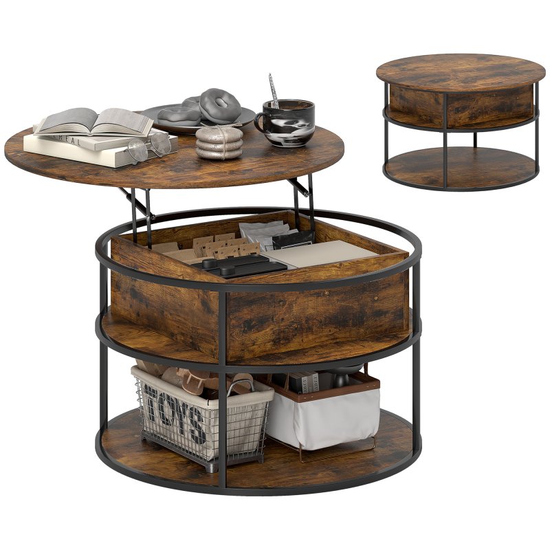 HOMCOM Lift Top Coffee Table, Round Coffee Table with Storage Shelf, Hidden Compartment and Steel Frame for Living Room, Home Office, Brown
