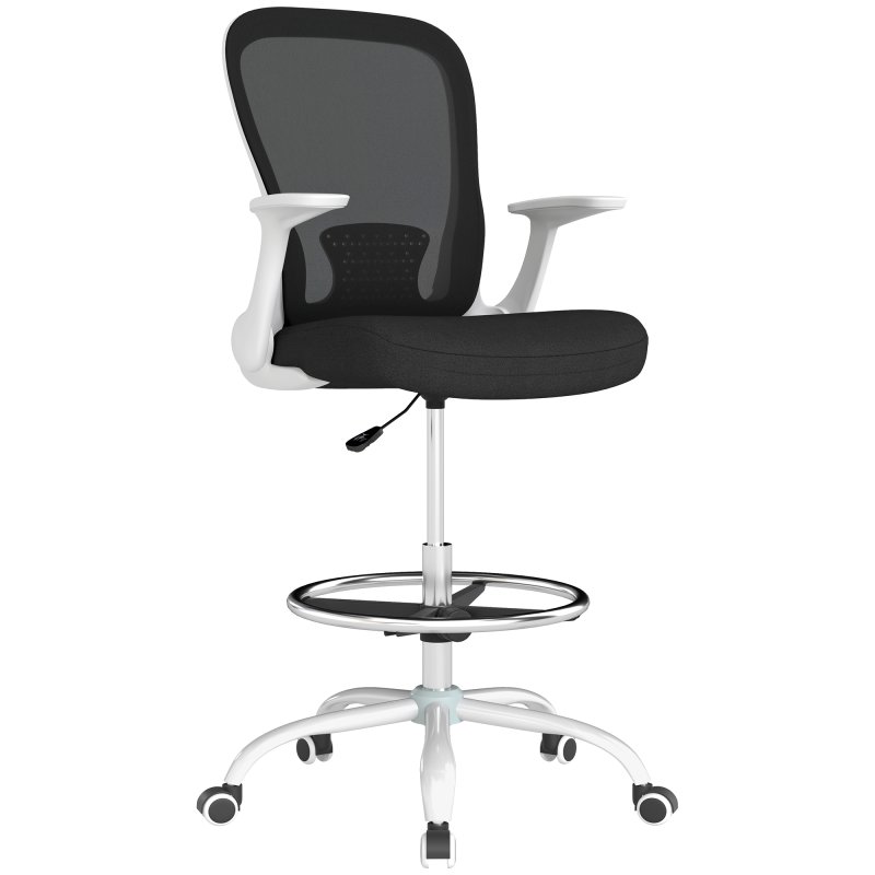 HOMCOM Drafting Chair, Swivel Draughtsman Chair, Ergonomic Office Chair, Mesh Standing Desk Chair with Flip-up Armrest, Lumbar Support, Adjustable Foot Ring, Black and White