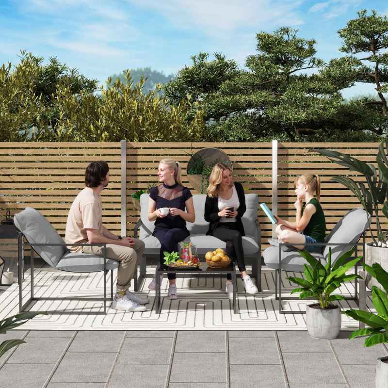 Outsunny 4 Piece Garden Sofa Set, 2 Single Armchair, Loveseat and Coffee Table Set with Steel Frame, Outdoor Furniture with Thick Cushions, Light Grey