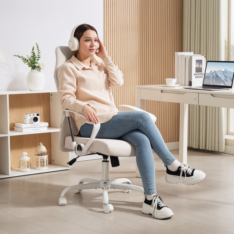 HOMCOM Executive Office Chair, Fabric Computer Desk Chair with High Back, Swivel Wheels, Armrest, Height Adjustable for Home, Cream White