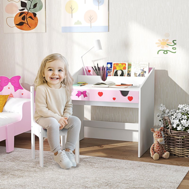 AIYAPLAY Kids Desk and Chair Set, Children Study Table and Chair with Storage, Pull-Out Drawer, Bow Pattern, for Bedroom, Playroom, Nursery, for Ages 3-6 Years, Pink