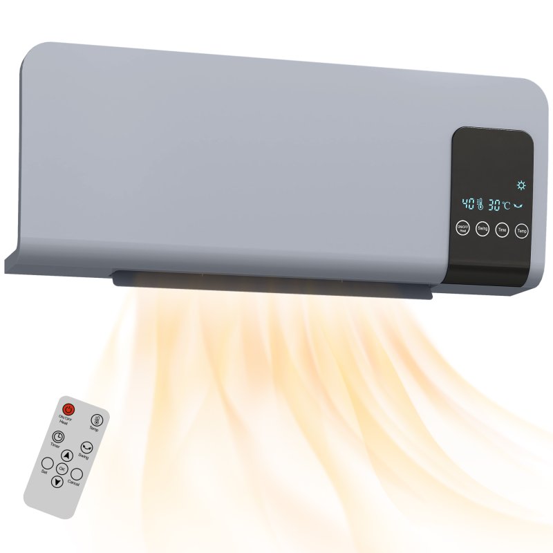 HOMCOM Electric Heater, 2000W Wall Mounted Ceramic Space Heater with Remote Control, 2 Modes, Timer, Oscillation, Overheat Protection for Home, Grey