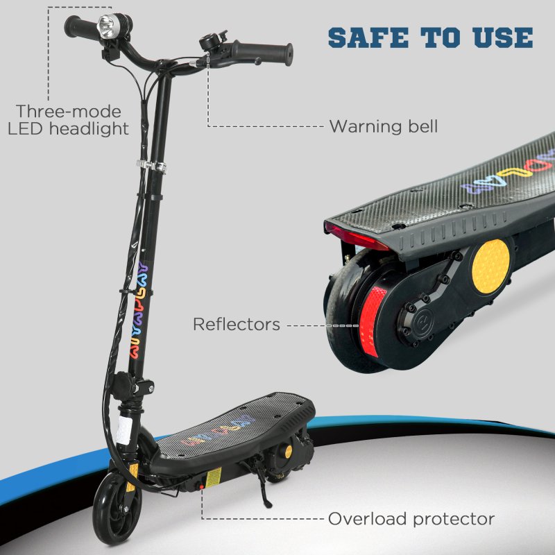 HOMCOM Folding Electric Scooter 120W E-Scooter with Three Mode LED Headlight, Warning Bell, Adjustable Height, 12km/h Maximum Speed, for Ages 7-14 Years - Black
