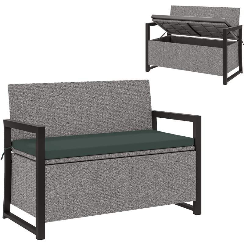 Outsunny Garden Storage Bench with 151.5L Capacity, Inner Bag, 2 Seater PE Rattan Outdoor Garden Bench with Storage, Cushion, Wicker Outdoor Bench Loveseat for Patio, Grey