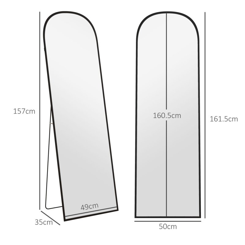 HOMCOM Full Length Mirror, 162x50cm Arched Free Standing Floor Mirror with Aluminium Alloy Frame, Hanging or Leaning for Living Room, Bedroom, Black Frame