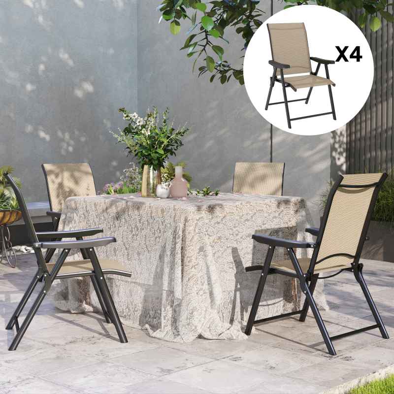 Outsunny Set of 4 Folding Chair, Garden Chair Set with Breathable Mesh Back and Seat, Outdoor Camping Chairs with Armrests, Steel Frame for Deck Balcony, Brown