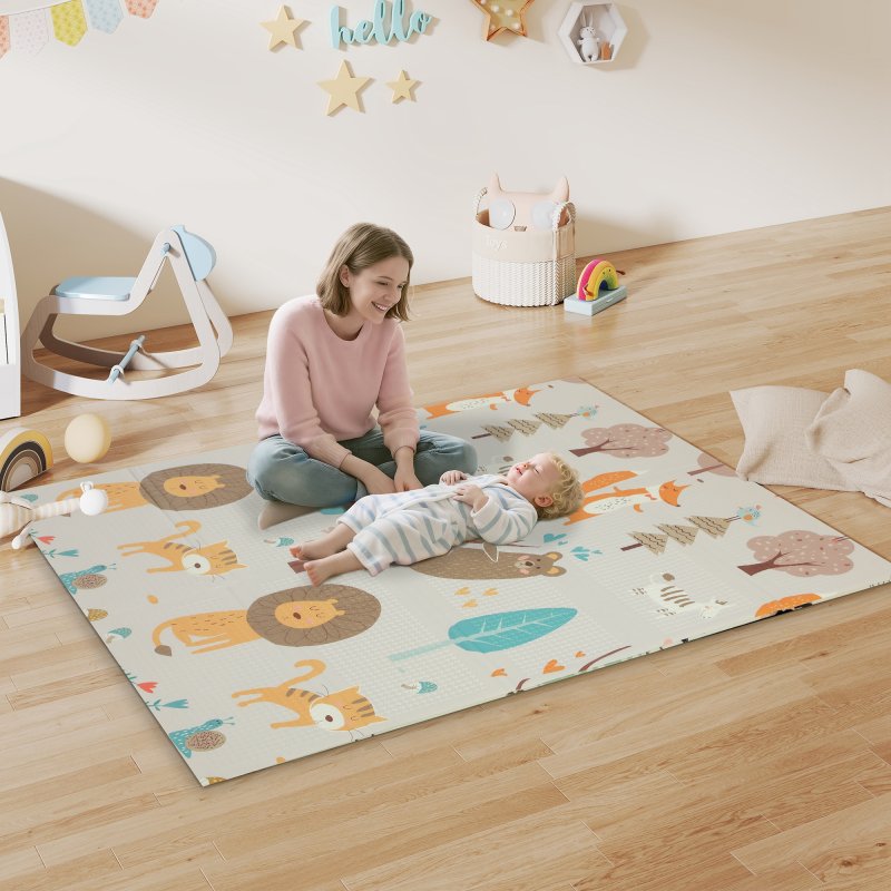 AIYAPLAY Baby Play Mat Double Sided, Foldable & Reversible Activity Playmat, Waterproof Kids Foam Crawling Mat for Outdoor Indoor Playtime Picnics, 177 x 146 x 1.5cm, Animal Theme