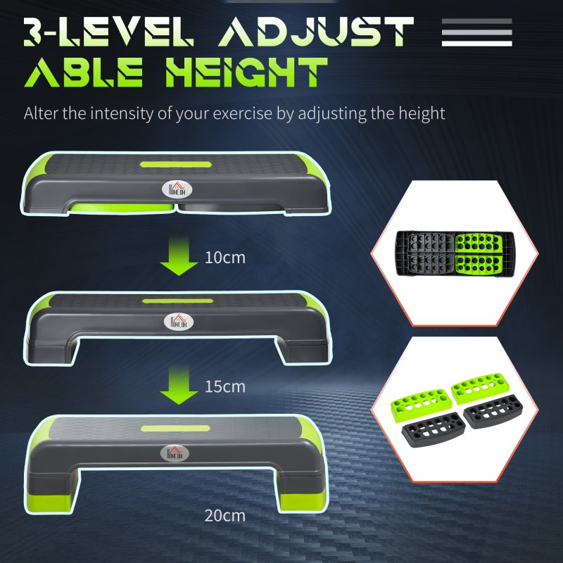 HOMCOM Aerobic Step, 10cm, 15cm & 20cm Height Adjustable Exercise Stepper for Exercise Workout, Nonslip Step Board Great for Home & Office, Grey and Green