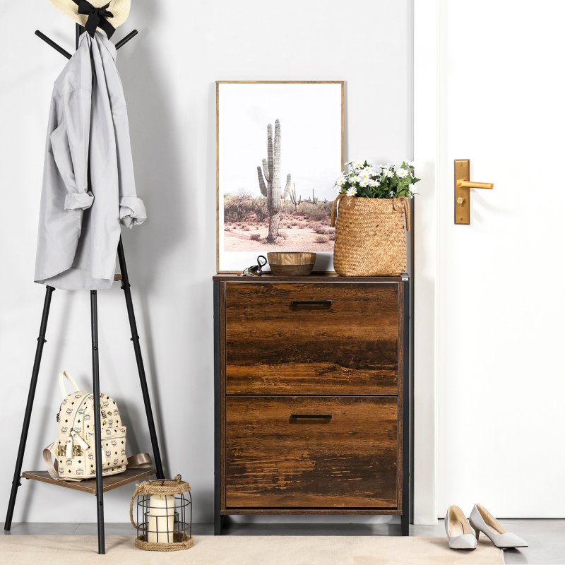 HOMCOM Industrial Shoe Cabinet with 2 Flip Drawers, Narrow Shoe Storage Cabinet for 12 Pairs, Freestanding Slim Shoe Rack for Entryway, Hallway, Rustic Brown