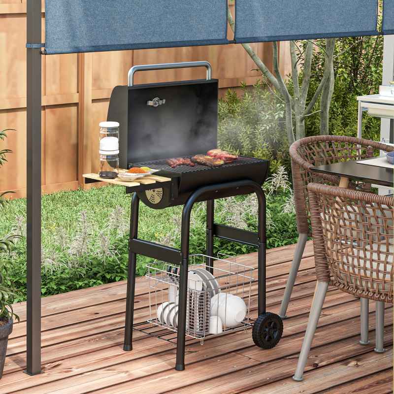 Outsunny Charcoal Barbecue Grill with Shelves, Portable BBQ Trolley Smoker with Wheels, Lid, Thermometer, Chimney for Outdoor Garden Party Cooking, Black