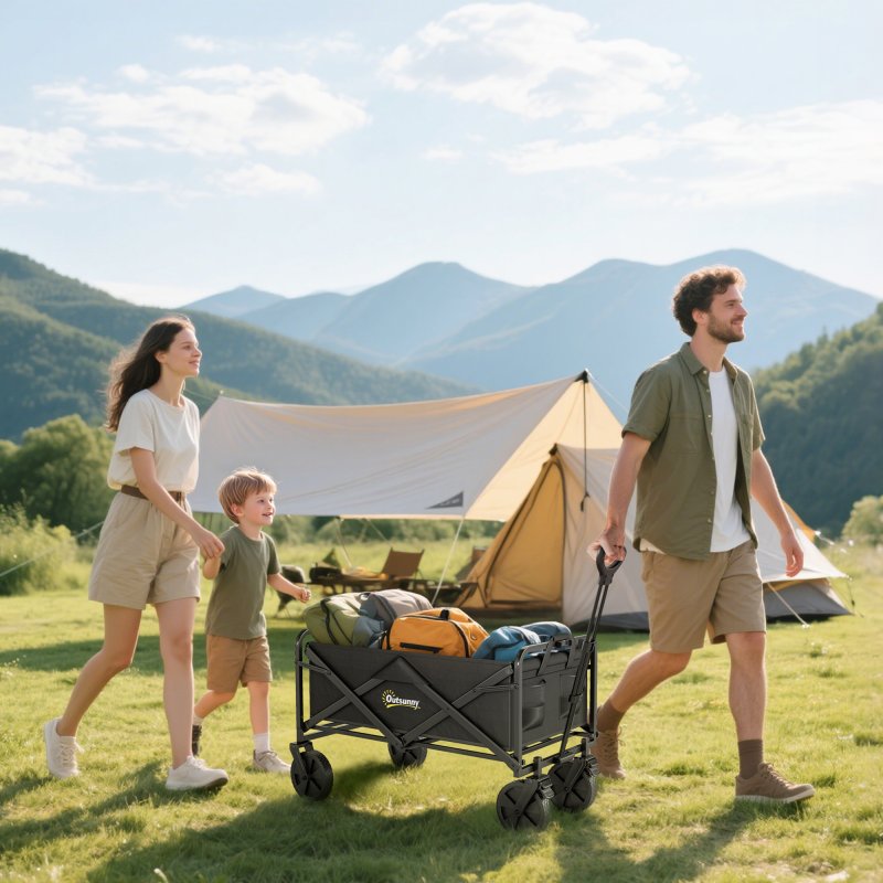 Outsunny 90L Festival Trolley on Wheels, Folding Camping Trolley Cart with Adjustable Handle, Portable for Outdoor, Garden, Shopping, Fishing, Black