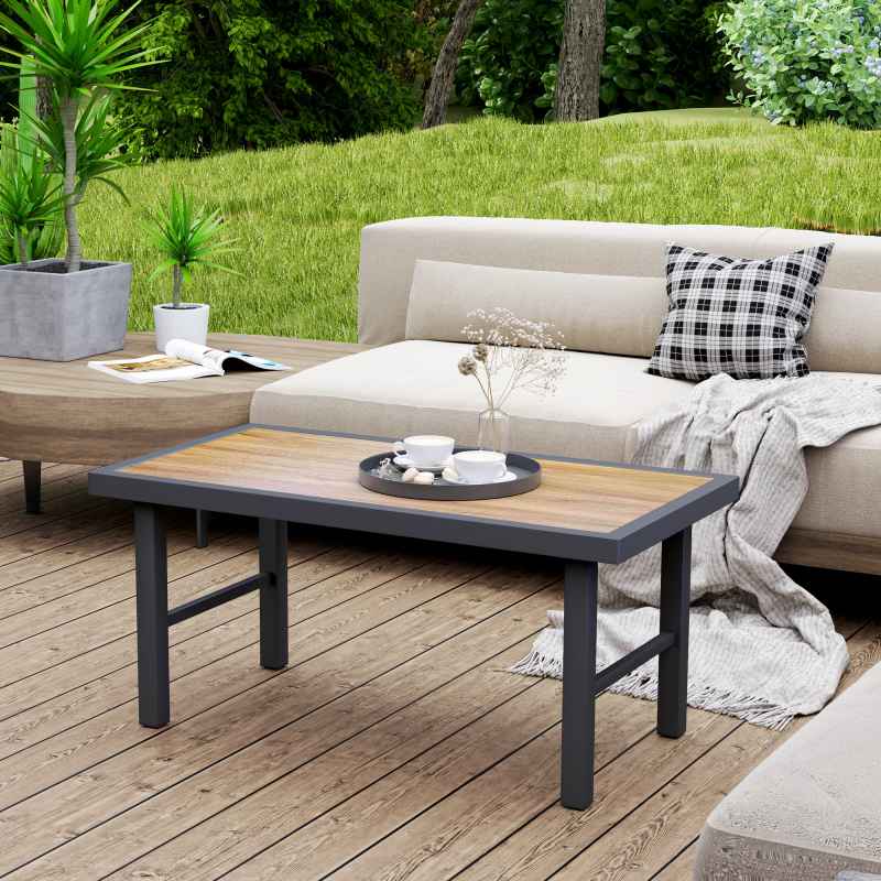 Outsunny Metal Garden Coffee Table, Outdoor Side Table with SPC Woodgrain Tabletop for Outside, Garden, Balcony, Porch, 100 x 53 x 46cm, Brown Wood Effect