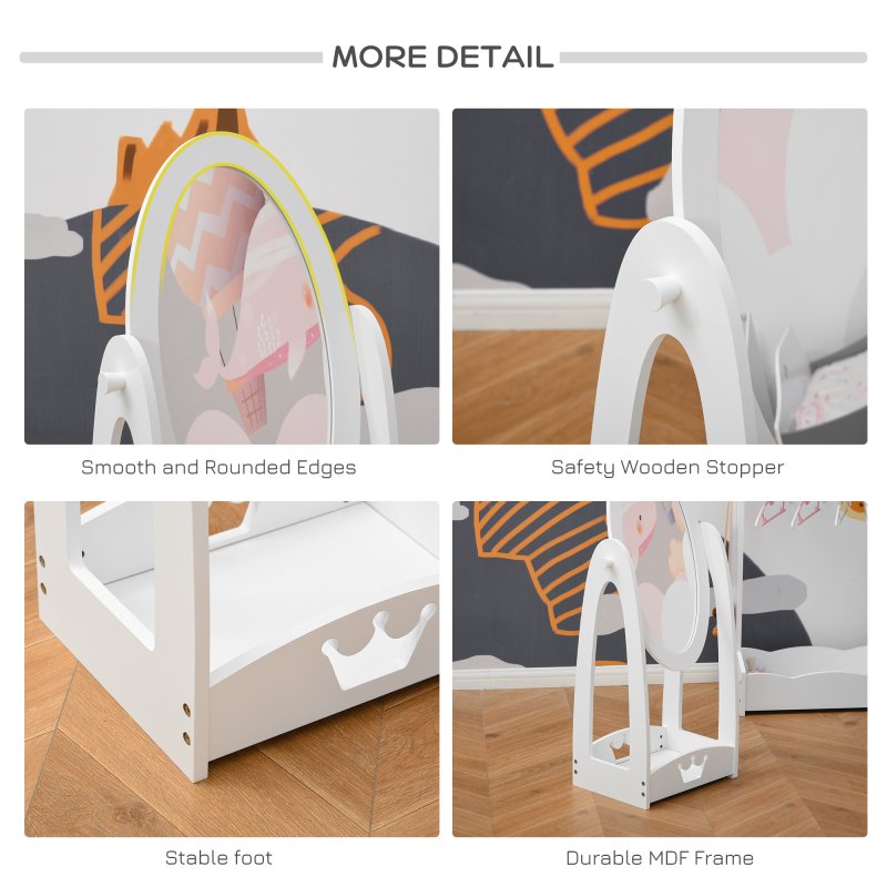 HOMCOM Free Standing Full Length Mirror, Child's Dressing Mirror with storage shelf, Children's White Bedroom Furniture 360?? Rotation MDF, For 3- 8 Years Old, 40L x 30W x 104H cm
