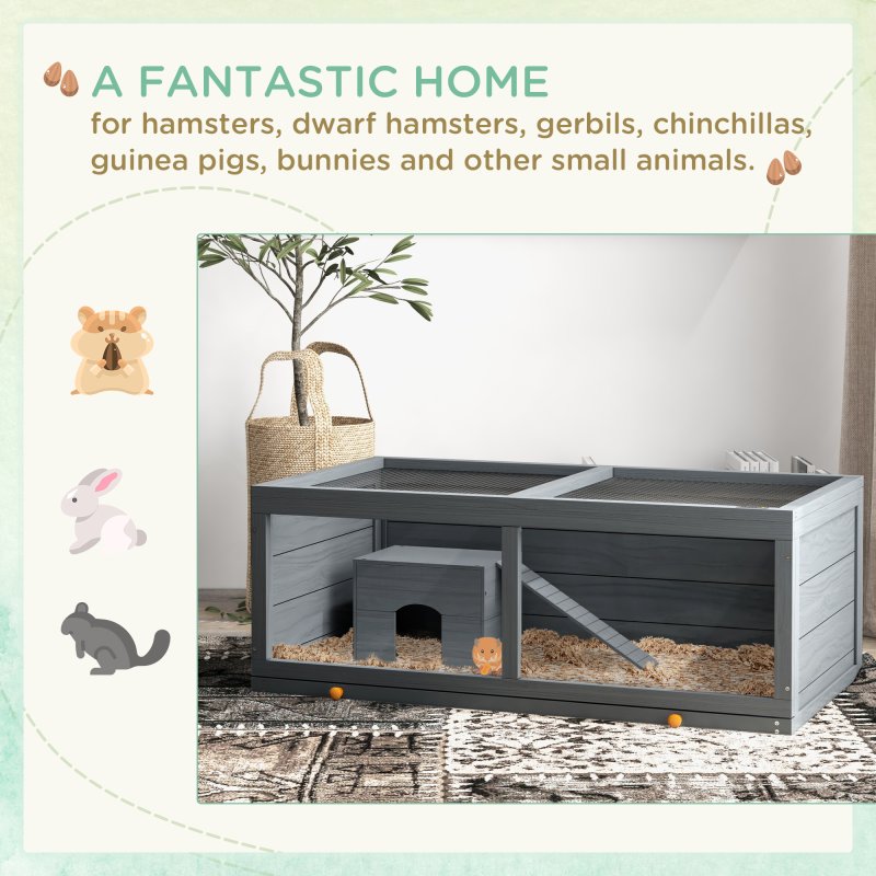 PawHut Wooden Hamster Cage, Small Animal Cage with Sliding Tray, Openable Top, Hut, Exercise Play House for Syrian Hamsters, Grey