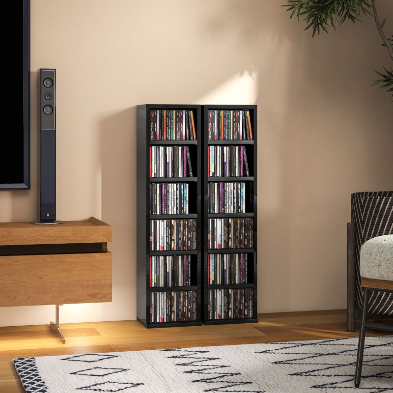 HOMCOM 204 CD Media Display Shelf Unit Set of 2 Blu-Ray Tower Rack w/ Adjustable Shelves Bookcase Storage Organiser, High Gloss Black
