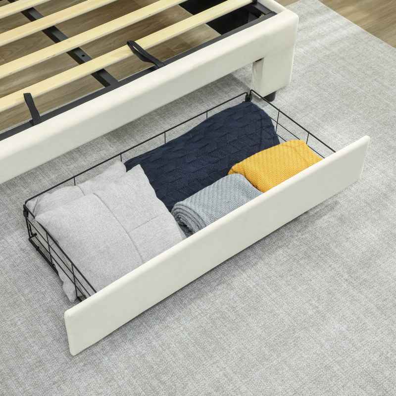 HOMCOM Double Ottoman Bed Frame, 4ft6 Gas Lift Storage Bed with 2-Level Adjustable Velvet Upholstered Headboard, Wheeled Drawer and Wooden Slats, No Mattress, Cream White