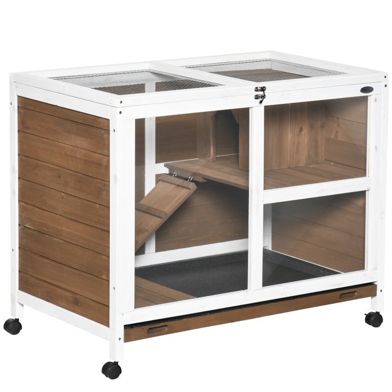 PawHut Rabbit Hutch Indoor Wooden Guinea Pig House Hamster Cage with Wheels, 2 Layers Bunny Cage with Openable Roof, 91.5 x 53.3 x 73 cm, Brown
