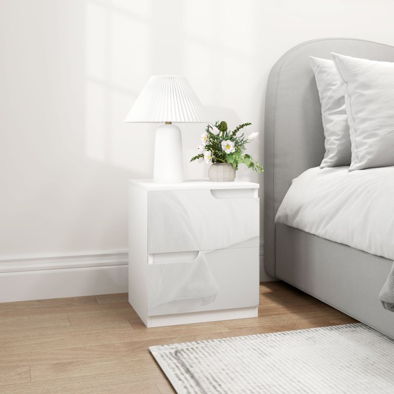 HOMCOM Bedside Table, Bedside Cabinet with 2 Drawers, Modern Side Table with Storage for Bedroom, Living Room, High Gloss White