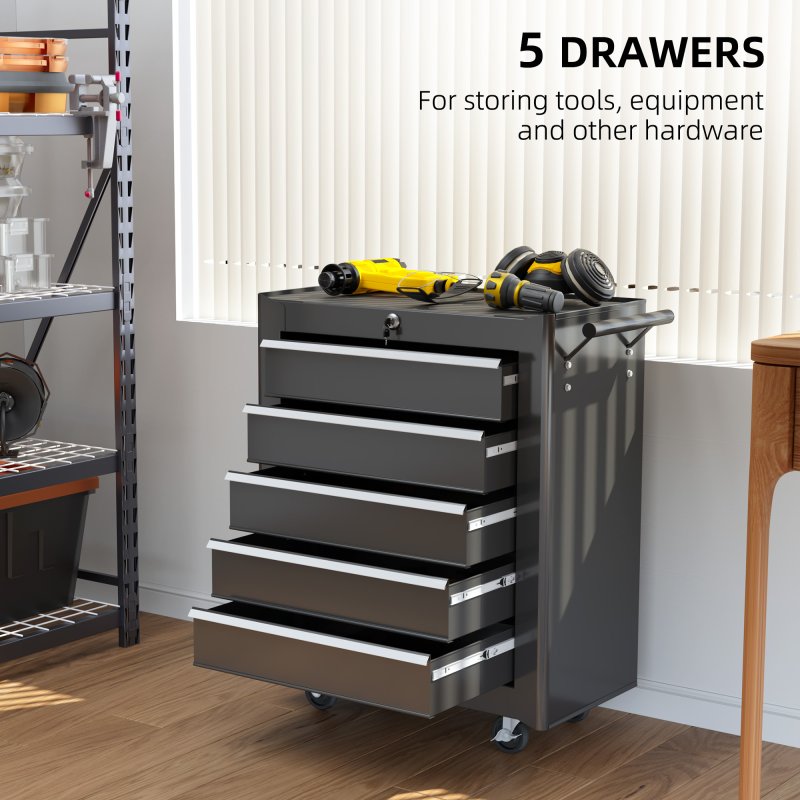 HOMCOM Steel 5-Drawer Tool Storage Cabinet Lockable with Wheels Handle 2 Keys Garage Equipment Trolley Home Work DIY Workshop Chest Black