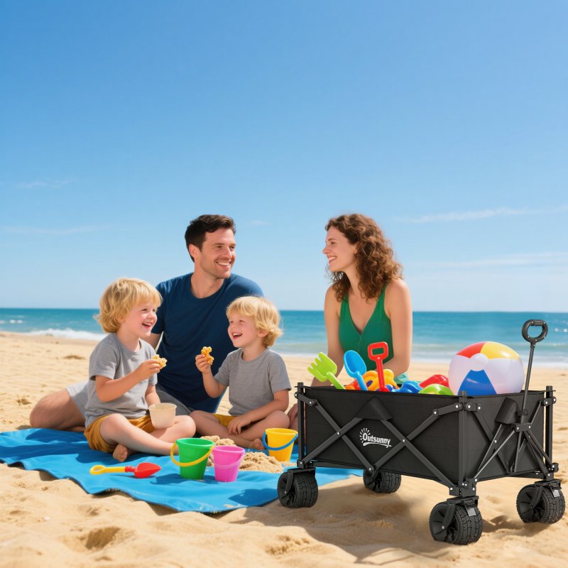 Outsunny 110L Festival Trolley on Wheels, Folding Camping Trolley Cart with Telescopic Handle, Carry Bag and All-Terrain Big Wheels, for Garden, Beach, Fishing, Black