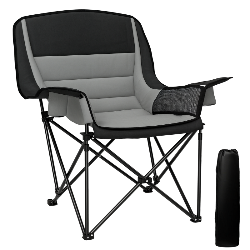 Outsunny Folding Camping Chair for Adults, Portable Padded Folding Chair with Cup Holders, Side Pockets and Carry bag for Picnic, Hiking, Fishing, Grey