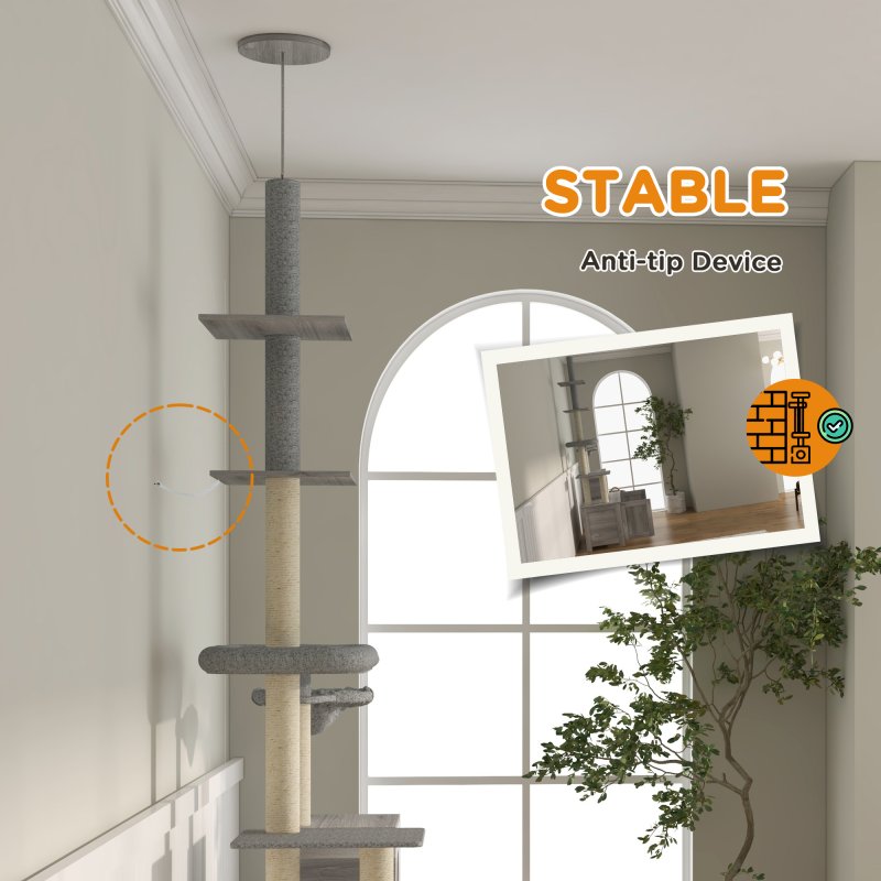 PawHut Cat Tree with Hidden Litter Box, 2-in-1 Floor-to-Ceiling Cat Litter Box Furniture with Cat House, Bed, Hammock, Scratching Posts and Platforms for Indoor Use - Grey