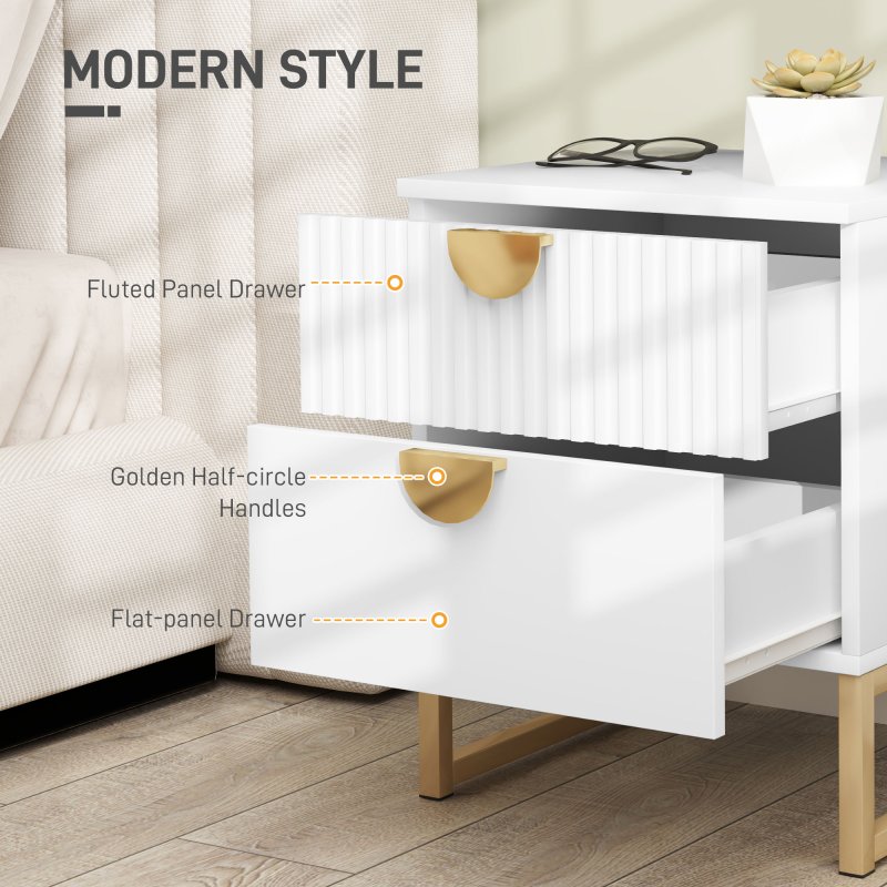 HOMCOM Bedside Table, Bedside Cabinet with 2 Drawers, Modern Side Table with Storage for Bedroom, Living Room, White