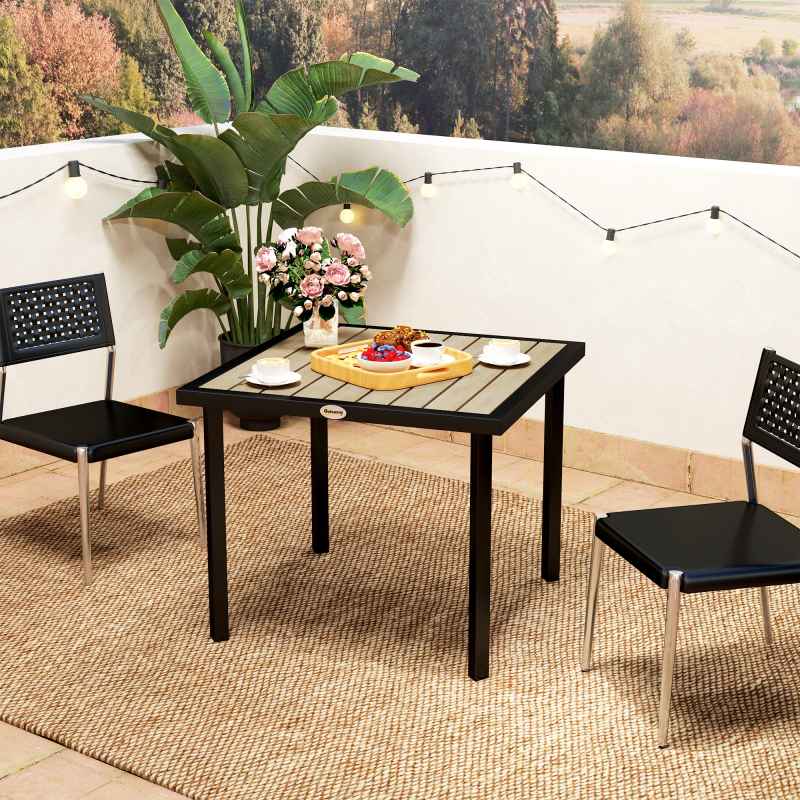 Outsunny Garden Table for 4 Person, Square 86 x 86 x 71cm Patio Outdoor Dining Table with 5.4cm Parasol Hole, Easy Clean Slatted Top, Metal Frame, for Balcony, Deck, Brown