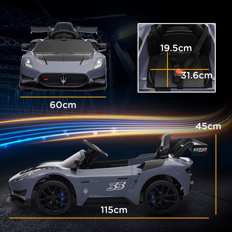 AIYAPLAY Maserati GT2 Licensed 12V Electric Car for Kids, Kids' Electric Ride on with Suspension System, Remote Control, USB, Music, Horn, Lights, Auxiliary Wheels, for Ages 3-5 Years, Grey