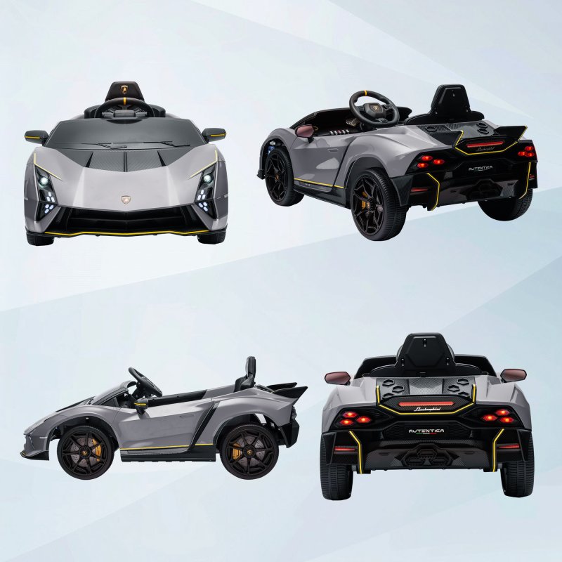 AIYAPLAY 12V Lamborghini Autentica Licensed Kids Electric Car with Butterfly Doors, Ride on Car with Remote Control, 4 Suspension Wheels, Soft Start, LED Lights, Music, Horn, Grey