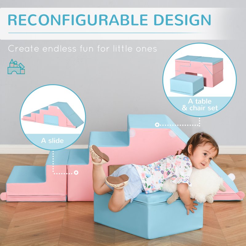 HOMCOM Soft Play Set, 2 Piece Baby Foam Blocks Climb and Crawl Activity Toys, Toddler Soft Play Equipment for 1-3 Years, Pink Blue
