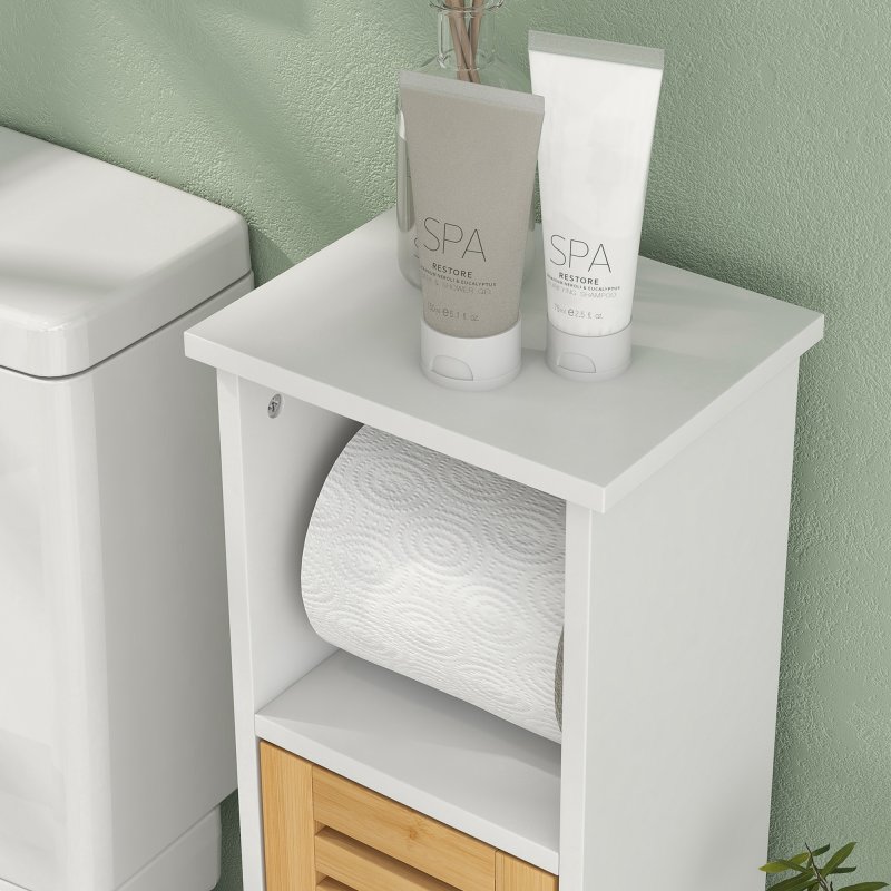 HOMCOM Bathroom Cabinet with Toilet Paper Holder, Slim Bathroom Floor Storage Cabinet Unit with Adjustable Shelf, Toilet Paper Stand, 78cm Tall, White