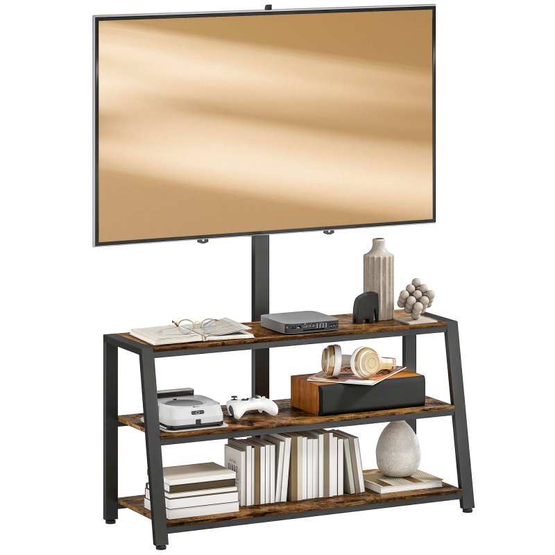 HOMCOM TV Stand Cabinet with Swivel Bracket for 32 - 65 Inch TVs, Industrial TV Cabinet with Open Shelves, Cable Management, Trapezoid-Shaped Steel Frame for Living Room, Bedroom, Rustic Brown