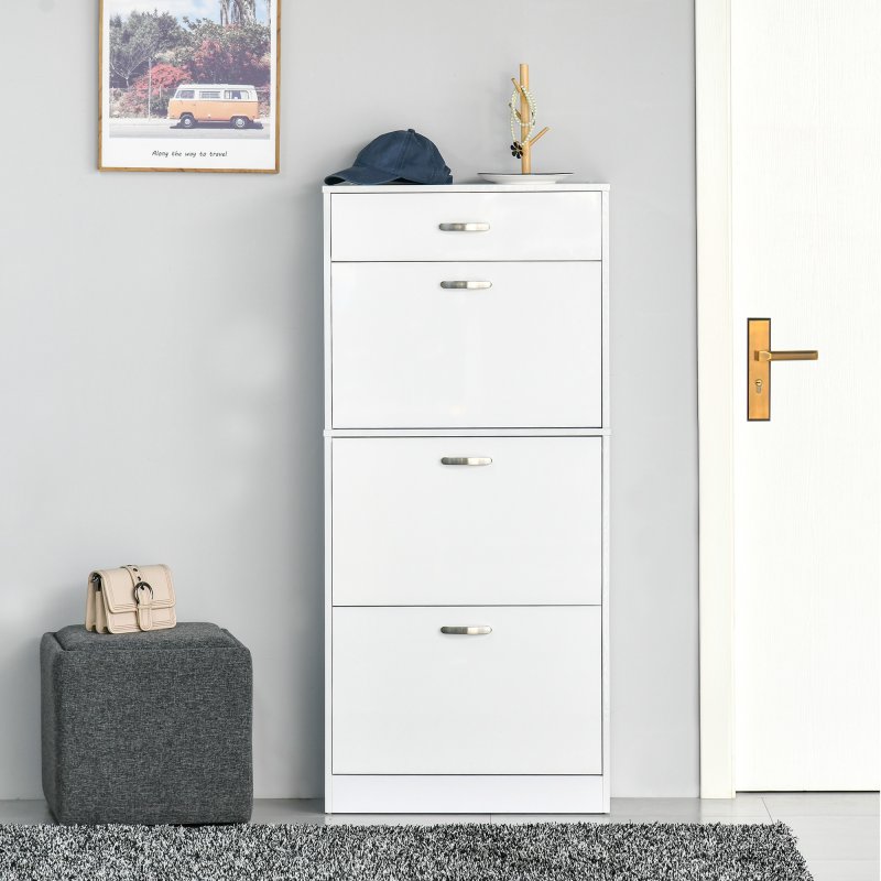 HOMCOM Shoe Cabinet with 3 Flip Drawers, High Gloss Shoe Storage Cabinet with Top Drawer and Adjustable Shelves, Shoe Cupboard for 18 Pairs