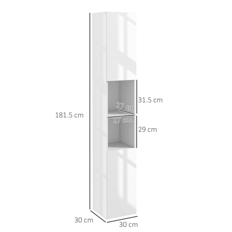 kleankin High Gloss Bathroom Cabinet, Free Standing Storage Cupboard with Doors and Adjustable Shelves, White