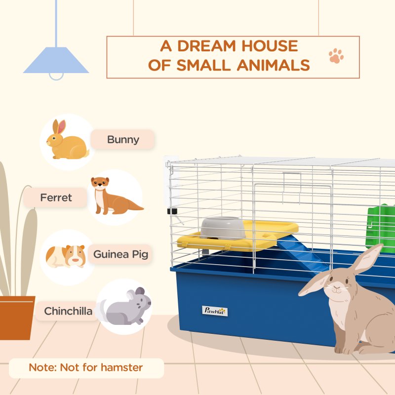 PawHut Guinea Pig Cage Chinchillas Rabbit Small Animal Cage with Ramp, Dish, Water Bottle, 71 x 46 x 47cm, Blue