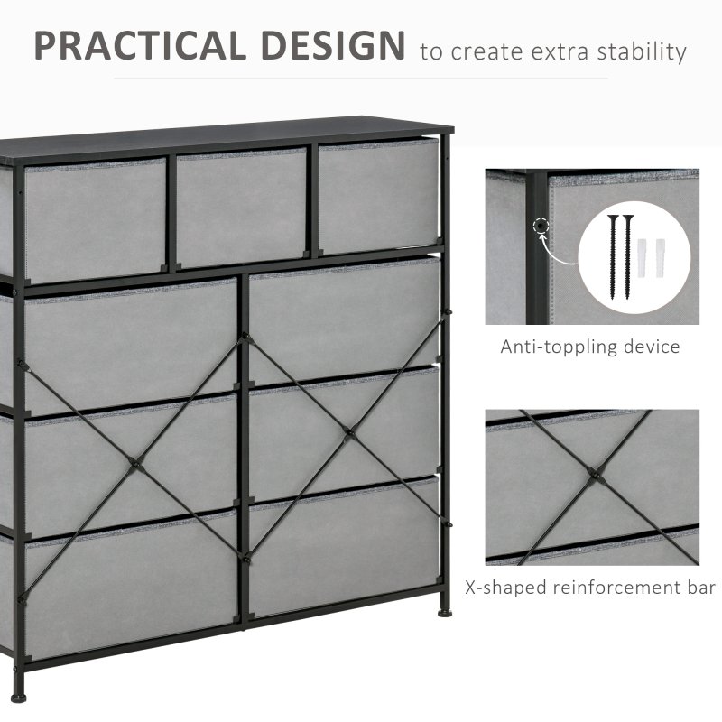 HOMCOM 9 Drawers Storage Chest Dresser Organizer Unit w/ Steel Frame, Wood Top, Easy Pull Fabric Bins, for Bedroom, Hallway, Entryway, Black & Grey