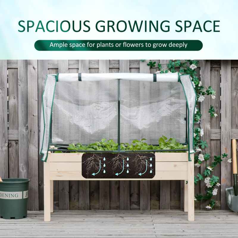 Outsunny Raised Garden Bed with PE Greenhouse Cover, Outdoor Elevated Wood Planter Box for Herbs and Vegetables, Use for Patio, Garden, Balcony, 121 x 55 x 117cm, Nature Wood Finish
