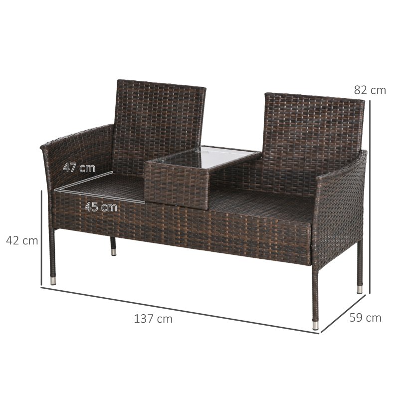 Outsunny 2 Seat Rattan Garden Bench, Patio Wicker Chair with Glass Tea Table, Outdoor Love Seat with Padded Cushions, for Garden, Porch, Brown/Cream White