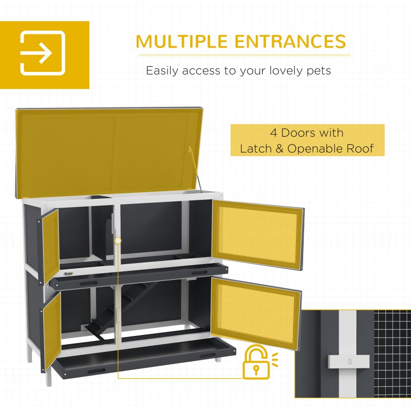PawHut Rabbit Hutch  Guinea Pig Hutch Double Decker Pet Cage with Openable Roof, Divider, Ramp for Outdoor 100 x 47 x 91cm, Grey