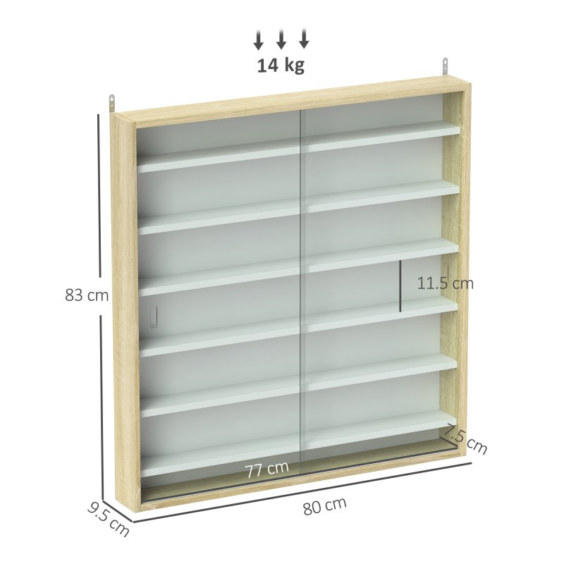 HOMCOM 7-Tier Wall Mounted Display Cabinet, Display Case with 6 Adjustable Shelves, Glass Doors for Home Office Ornaments 83x80cm, Oak
