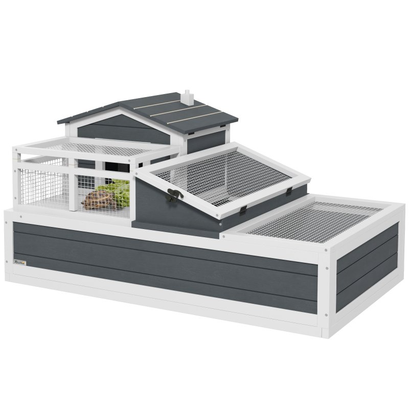 PawHut Tortoise House 3-Room Wooden Tortoise Enclosure Large Reptile Cage with 2 Stories, Ladder, Balcony, Tray, Openable Roof, 59H x 112L x 65Wcm, Grey