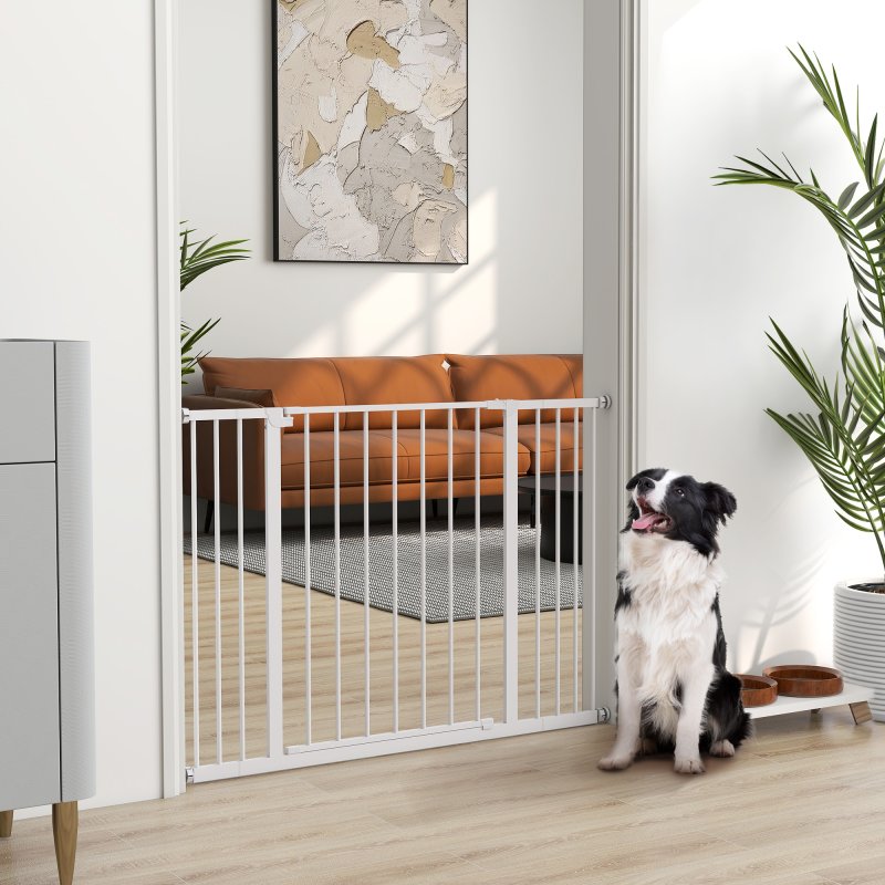 PawHut Dog Gate Pet Safety Gate Stair Barrier Pressure Fit Adjustable 76-82/86-97/101-107 cm, White