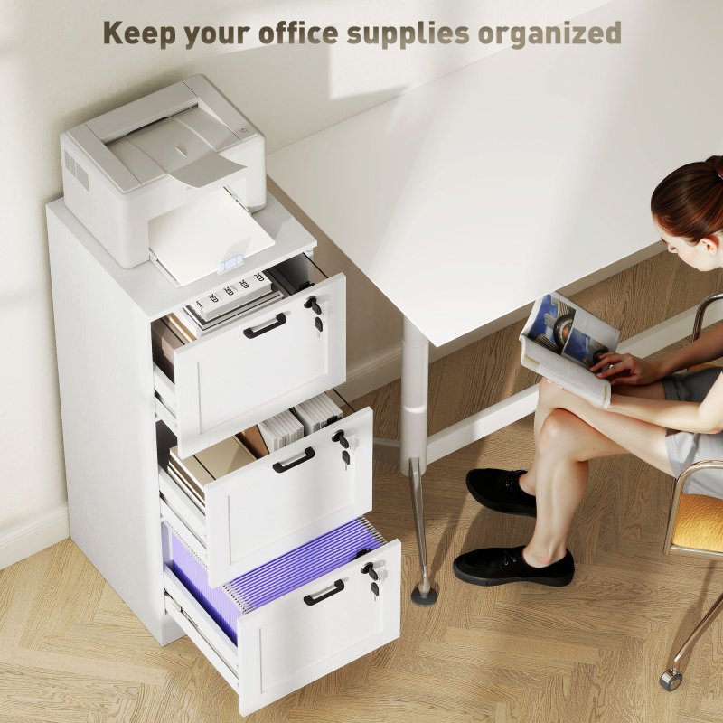 HOMCOM 3-Drawer Filing Cabinet, Lockable File Cabinet for A4, Letter, Office Storage Drawers with Lock for Home Office, 40 x 40 x 101 cm, White