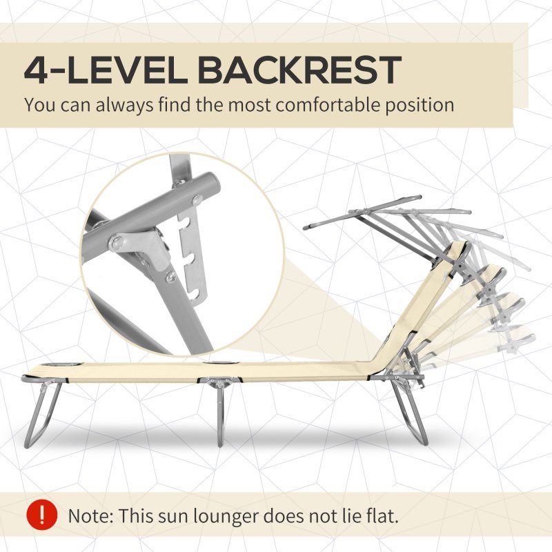 Outsunny Outdoor Foldable Sun Lounger, 4 Level Adjustable Backrest Reclining Sun Lounger Chair with Angle Adjust Sun Shade Awning for Beach, Garden, Patio, Beige
