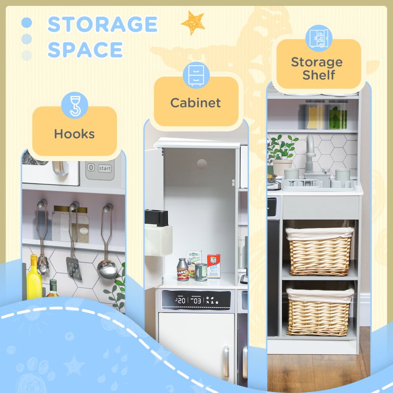 AIYAPLAY Play Kitchen, Pretend Toy Kitchen, Kids Kitchen Playset with Sounds and Lights Cooking Stove, Running Water, Coffee Maker Refrigerator, Microwave, Kitchen Accessories